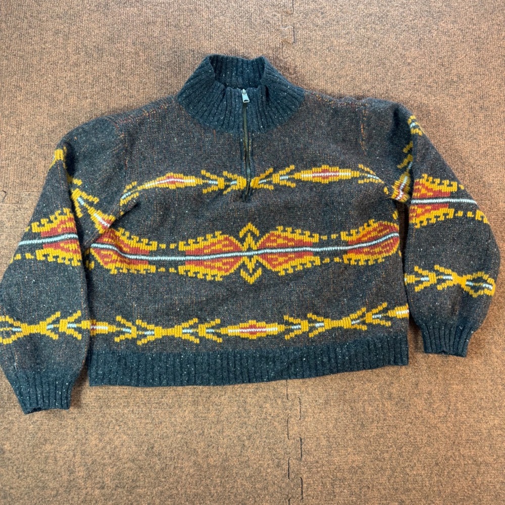 Pendleton Womens Quarter Zip Wool Blend Southwestern Pattern Sweater Grey Medium